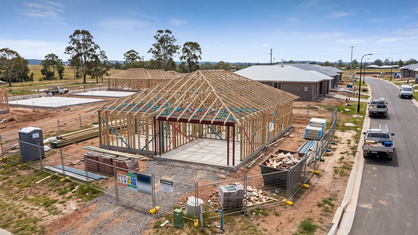 Timber frame of a new-build house under construction on a display home estate